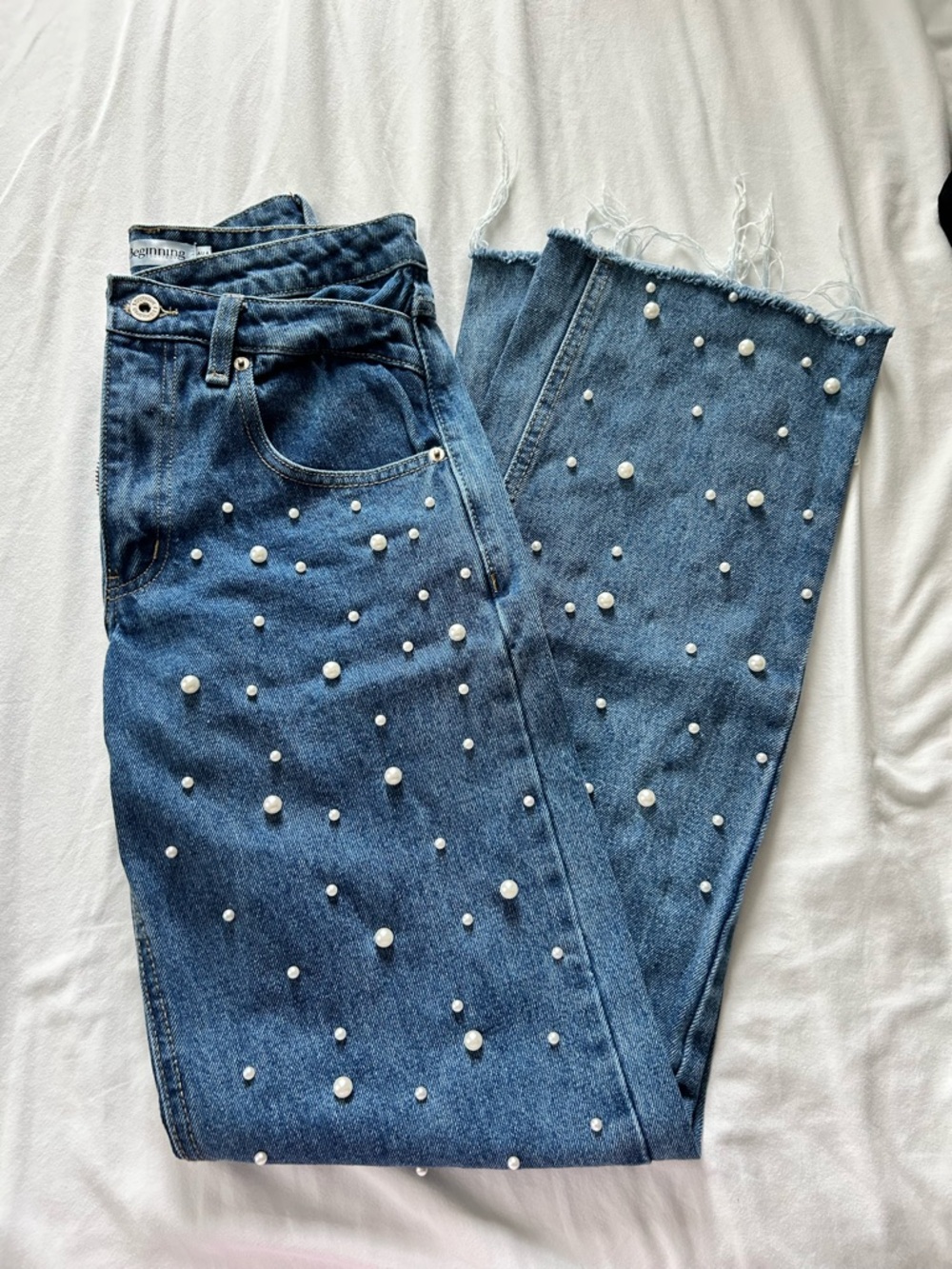Beginning Boutique Blue Pearl-Embellished Straight Leg Jeans